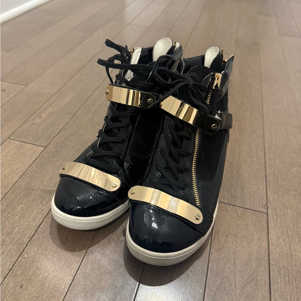 Report Black High-Top Sneakers with Gold Hardware